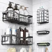 Shower Caddy 5 Pack,Adhesive Organizer for Bathroom Storage&Kitchen,No Drilling,Large Capacity,Rustproof Stainless Steel Organizer,Bathroom Shelves Inside Rack (Black)