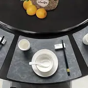 Leather Round Table Washable Placemats, Black Thick Faux Leather Heat Resistant Wedge Table Placemat, Waterproof Non-Slip Easy to Clean Place mat for Kitchen Coffee Dining Room Table Set of 6