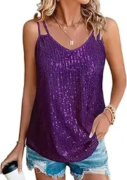 [Mixxmix] Sequin Tops for Women V Neck Dressy Tank Tops Sparkly Party Club Night Disco Concert Outfits S-XXL