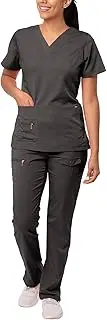 Adar Uniforms Women’s Scrub Set - Enhanced V-Neck Top/Multi Pocket Pants - 4400P - Pewter - XS