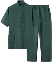 [NTWSHS] Chinese Clothing Chinese Kung Fu Uniform Pure Cotton Martial Arts Clothes Short Sleeve Pants Zen Meditation Uniform Tai Chi Clothes,Tang Suit Hanfu(Green,Large)