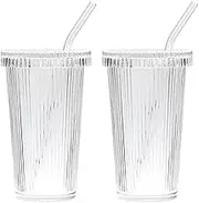 2 Pack Glass Cups with Lids & Crooked Straws, 375ml Clear Ribbed Iced Coffee Glass Tumbler, Vintage Drinking Jar Glasses, Drinking Tumbler for Iced Coffee, Fluted, Whiskey, Beer, Water, Soda (2)