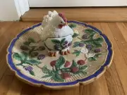 Vtg Fitz & Floyd Chicken Chip And Dip Bowl Platter Floral Spring Cottage Chic