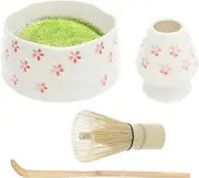 ZFLYCANP 4 Pcs Matcha Whisk Set, Matcha Set, Matcha Kit with Scoop Whisk Holder Bowl for Starter Tea Ceremony Tea Lover Gift (White+Pink)