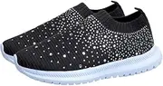 [BESTYASH] Rhinestone Mesh Slip On Walking Shoes Fashion Breathable Sparkle Glitter Sneaker Black