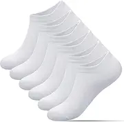 [HiFEN] 6 Pack Mens Trainer Ankle Socks – No Show Low Cut Cotton Liner Socks With Non-Slip Silicone Stripes, Breathable & Invisible For Casual Wear And Sports, White, 6-11