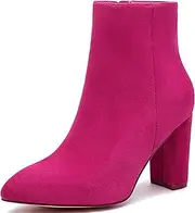 [Jiu du] Ankle Boots for Women Chunky Heel GoGo Boots Pointed Toe Side Zipper Dressy Go Go Short Booties