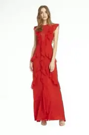 ML MONIQUE LHUILLER Sangaria Red Jacquard Polka Dot Ruffle Chiffon Maxi Gown 12