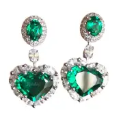 Heart Oval Simulated Emerald & Diamond Dangle Art Earrings 14k White Gold Silver