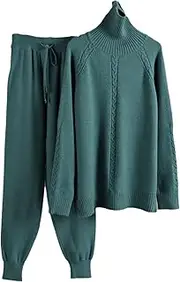 [UIOKLMJH] Oversized Two Piece Women Knitted Tracksuits Cashmere Turtleneck Sweater Harem Pants 2 Piece Warm Set Outfits