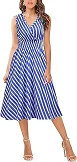 [FORTRIC] Women A Line Stripes Summer Casual Work Midi Chiffon Dresses