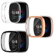 [3 Pack] For Fitbit Sense 2 Screen Protector Case Compatible Ultra Thin Soft Gel TPU Full Coverage Protective Bumper Cover (Black+ Clear + Rose Gold)
