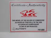 AUTO ART 1/18 CARDBOARD Certificate 2161 for HRT COMMODORE TODD KELLY 2006
