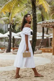 [PUP78] Jensen Off Shoulder Midi Dress - Ivory XS White