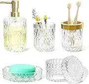 LaMarriti 5Pcs Glass Bathroom Accessories Complete Set, Lotion Dispenser, Soap Dish, Toothbrush Holder, Tumbler, Cotton Swab Jars, Modern Bathroom Decor and Gift Set, Crystal Clear
