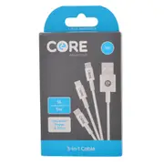 Core 3in1 Micro USB-C to 8-Pin Cable Charging Cord 1m For iPhone/Samsung WHT