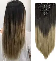 ZAIQUN Clip in Hair Extensions 7Pcs 16 Clips 23 Inch Straight Synthetic Hairpiece Dark Brown To Ash Blonde Hair Extension Full Head Clip in on Double Weft Hair Extensions