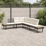 vidaXL Garden Sofa with Cushions L-shaped Black Poly Rattan and Acacia