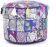 Blue Decorative Multi Patch Indian Hippie Embroidery Vintage Cotton Floor Pillow & Cushion Patchwork Bean Bag Chair Cover Boho Bohemian Hand Embroidered Handmade Pouf Ottoman Cover (14X22 inch)