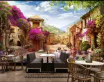浪漫歐式小鎮復古城市街景壁紙餐廳咖啡廳背景墻紙3D風景建筑壁畫