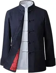 [NTWSHS] Chinese Clothing Chinese Traditional Tang Suit for Men, Kung Fu Clothing Tops Martial Art Cotton Shirt Long Sleeved Coats Cotton Linen Tai Chi Clothes Zen Meditation Uniform(Blue,Medium)