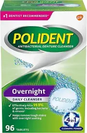 Polident Overnight Daily Denture Cleanser, Triple Mint Fresh, 96 Tablets