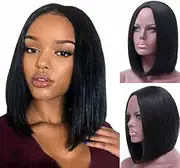 Short Straight Middle Part Hair Wig Medium Length Synthetic Heat Resistant Wigs for Women with Wig Cap (Black, One size)