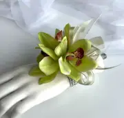 ARTIFICIAL SILK WEDDING FLOWER BRIDAL WRIST CORSAGE GREEN ORCHID DIAMANTE BAND