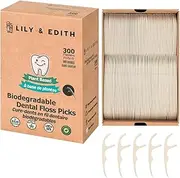 LILY & EDITH Plant Based Dental Floss Picks Adults and Kids 300 Counts, Fluoride-Free, Plant Based Straw Wheat, Earth Friend, Zero Waste Package, Shred Resistant (Unflavored)