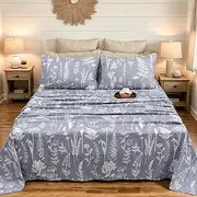 [Usfivefam] Floral Sheet Set Queen, Gray Floral Printed Sheets Soft Microfiber Toile Pattern Sheet Set with 17.5" Deep Pocket, 4PCS Luxury Vintage Chic Style Botanical Sheets for Girls Autumn