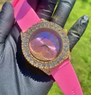 ICED HIP HOP GOLD PT BLING-ED OUT PINK SILICONE BAND LAB DIAMOND UNISEX WATCH