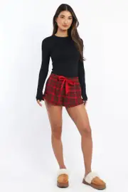 Red Check Shorts Satin Ribbon - Size 8XS, Women's Shorts