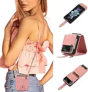 UEEBAI Crossbody Wallet Case for Samsung Galaxy Z Flip 3 5G, Card Slots Adjustable Crossbody Zipper Cover Detachable Lanyard Strap Flip Case with Hand Strap Kickstand Case - Pink
