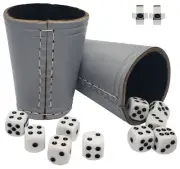 Genuine Leather Compact Dice Cups Grey Black +(10) 16mm D6 White Dice Black Pips