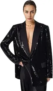 [Bciopll] Women's Black Sequines Blazer Notched Collar Long Sleeves Single Buttons Loose Suit Jacket