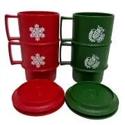 Vintage TUPPERWARE Stacking Cup Soup Mug with Lids Set 1312-20 Red & Green
