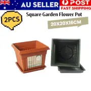 2 PCS Square Garden Plastic Planters with Saucer Outdoor Flower Pot 20x20x16CM