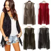 Women's Autumn Winter Suede Ethnic Sleeveless Tassels Fringed Vest Cardigan Tops