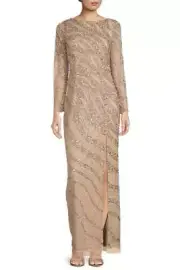Aidan Mattox Beaded Neck Long Sleeve Illusion Slit Front Embellished Mesh Dress