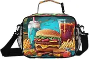 Hamburger Fast Food Insulated Lunch Box for Women Men - Ideal for Work, Picnics - Includes Adjustable Shoulder Strap