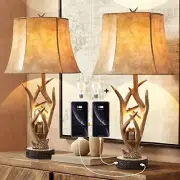 Rustic Western Deer Table Lamps with ②【Extra 2 nightlight】Rotary Switch-Brown