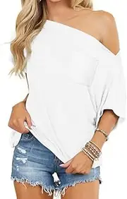 [LEEDYA] Off The Shoulder Tops for Women Summer Short Sleeve Sexy Shirts Plus Size Casual Batwing Date Night Tunic Top