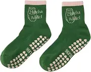 [Shapes Studio] Crew Half Calf Grip Socks, Cutest Fruits Pilates Socks, Non-Slip Socks, Barre Yoga Fitness, Cherry Printed, Green Pink Match Tea Lover, 5-10