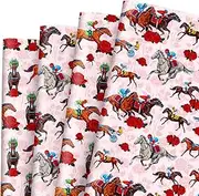 JarThenaAMCS 8 Sheet Horse Wrapping Paper -Not Roll- Red Pink Rose Horse Racing Gift Wrap Paper Folded Flat Spring Watercolor Craft Paper for Derby Day Party DIY Crafts Supplies, 19.7 x 27.6 Inch