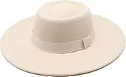 [Generic] Wide Brim Panama Hat - Warm Felt Flat Top Pork Pie Cap for Women Men Beige