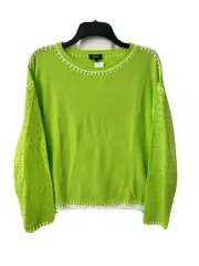 NEW Pure Amici Womens Size Small Blanket Stitch Sweater Eyelet Sleeve Kiwi Green