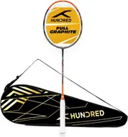 HUNDRED Powertek 1000 PRO Graphite Strung Badminton Racket with Full Racket Cover (Black/Orange) - For Intermediate Players - 95 grams - Maximum String Tension - 26lbs