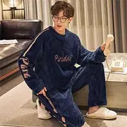 Men Luxury Flannel Pyjamas Sets Winter Super Warm Pijamas Fashion Letter Sleepwear Suit Casual Nightwear Top +Pant,Blue,3XL