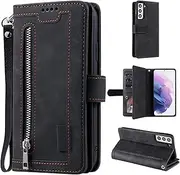 UEEBAI Wallet Case for Samsung Galaxy S22 5G, Retro 9 Card Holder Slots Zipper Pocket Handbag Case PU Leather Magnetic Closure Kickstand with Wrist Strap TPU Shockproof Flip Case - Black
