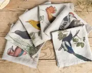 “Woodland Birds” Linen Napkins Set Of 6 100% Natural Linen 18” X 18” Linoroom